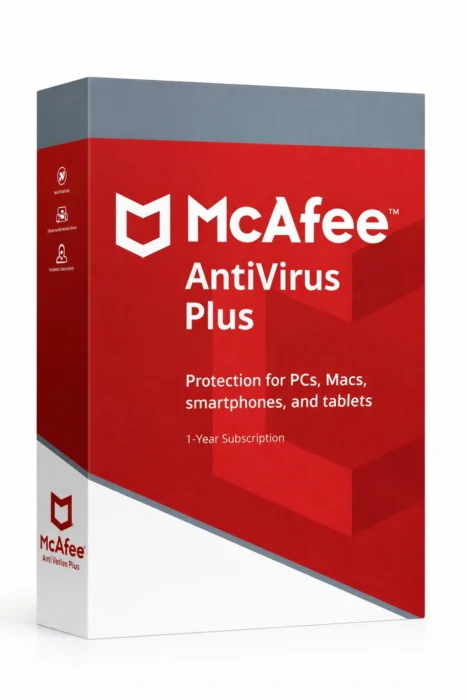 McAfee AntiVirus Plus produkteske i rød design på helt hvit bakgrunn, vinklet ca. 20–25° mot høyre med front og smal venstreside synlig.