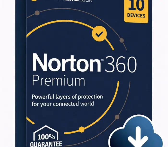 Norton 360 Premium produkteske i mørk blå/gul design med “10 devices”-merke og nedlastingsikon, på ren hvit studiobakgrunn, vinklet ca. 20–25° mot høyre.