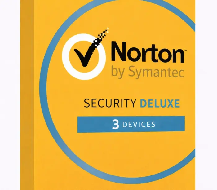 Norton Security Deluxe produkteske i gul og blå design med “3 devices”-banner, på ren hvit studiobakgrunn, vinklet ca. 20–25° mot høyre.