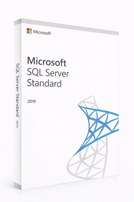 Microsoft SQL Server Standard 2019 produkteske på ren hvit studiobakgrunn, vinklet ca. 20–25° mot høyre, med blå/grå SQL-grafikk på fronten.