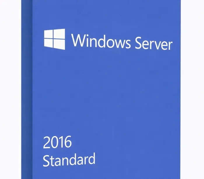 Microsoft Windows Server 2016 Standard produkteske i blått, på ren hvit studiobakgrunn, vinklet ca. 20–25° mot høyre.