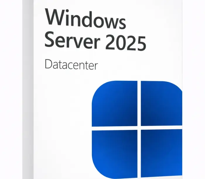 Microsoft Windows Server 2025 Datacenter retail-eske på hvit studiobakgrunn, vinklet 20–25° mot høyre.