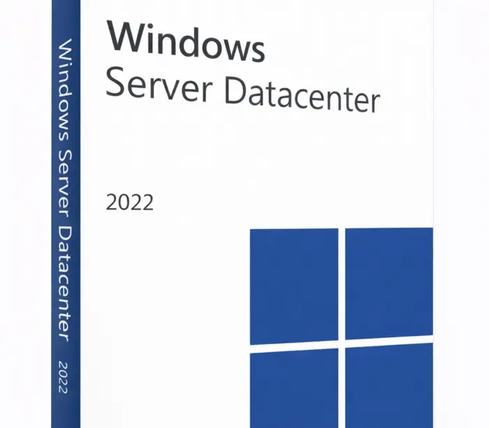Microsoft Windows Server Datacenter 2022 produkteske i hvitt studio, vinklet ca. 20–25° mot høyre, med blå Windows-logo.