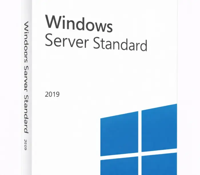 Microsoft Windows Server Standard 2019 retail-eske på hvit studiobakgrunn, vinklet ca. 20–25° mot høyre, med blå Windows-logo nederst til høyre.