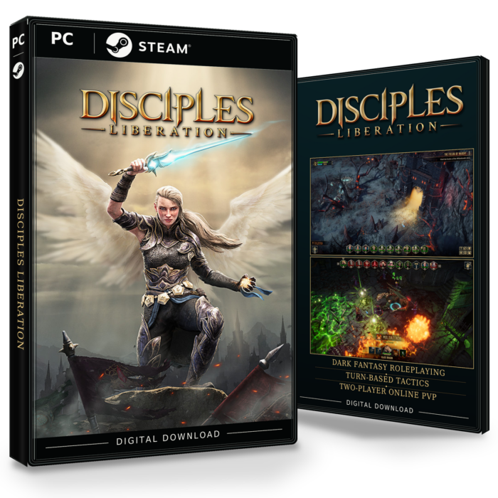 Forside og bakside for Disciples: Liberation til Steam, med to skjermbilder fra spillet.