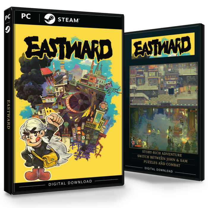 Forside og bakside for Eastward til Steam, med to skjermbilder fra spillet.
