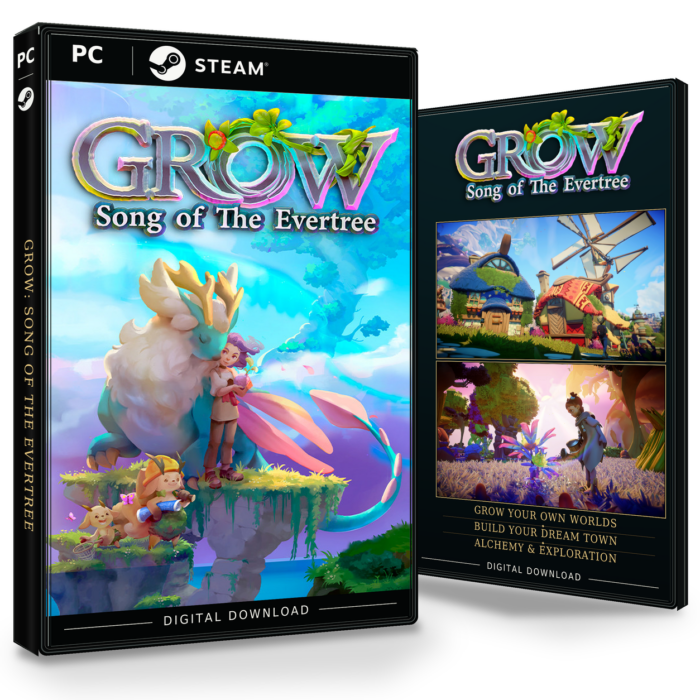 Forside og bakside for Grow: Song of the Evertree til Steam, med to skjermbilder fra spillet.