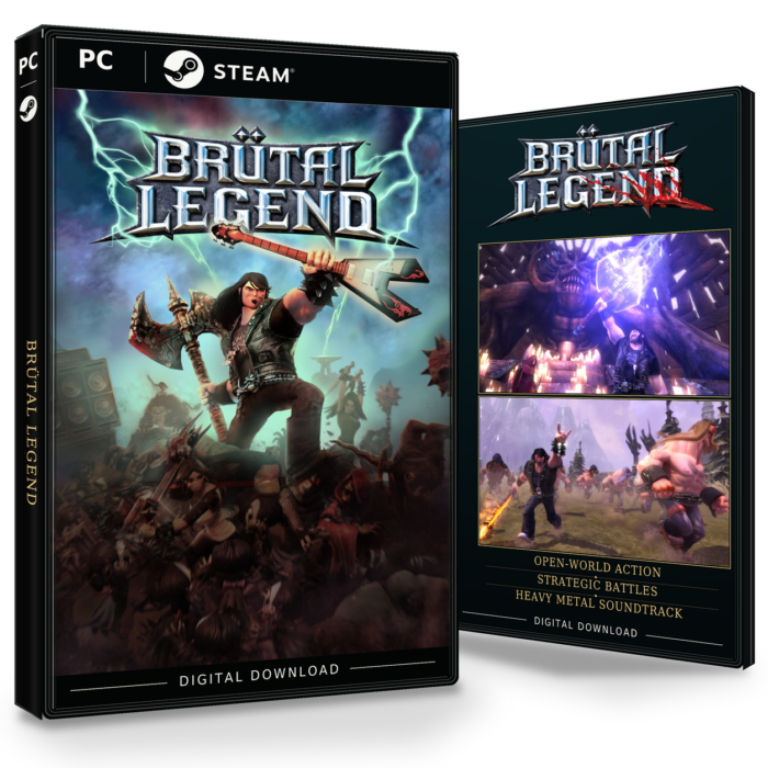 Forside og bakside av Brütal Legend Steam, med to skjermbilder fra spillet.