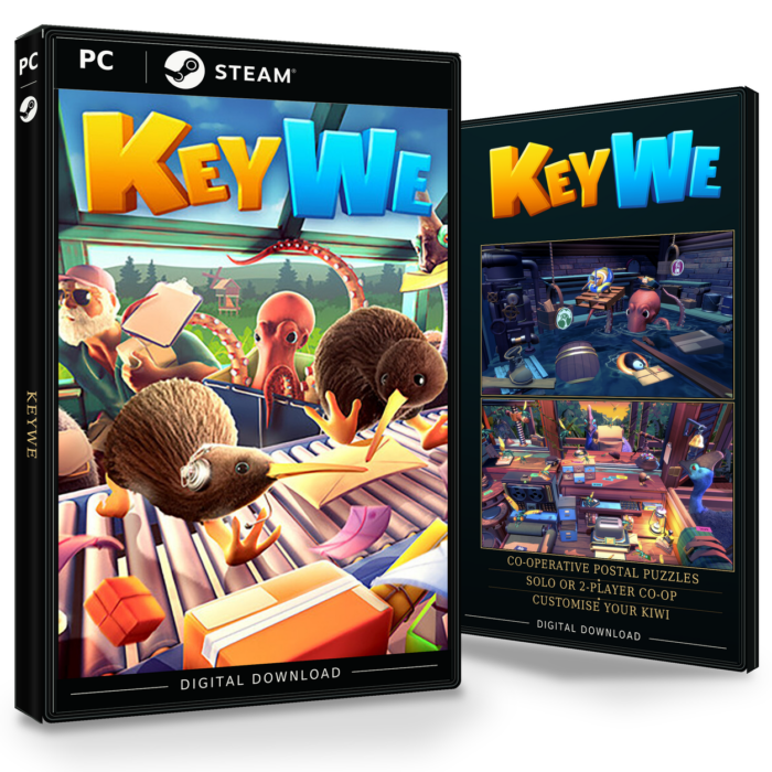 Forside og bakside for KeyWe til Steam, med to skjermbilder fra spillet.