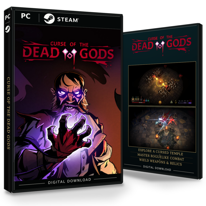Forside og bakside for Curse of the Dead Gods til Steam, med to skjermbilder fra spillet.