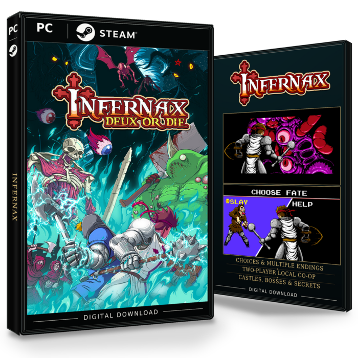 Forside og bakside for Infernax Steam, med to skjermbilder fra spillet.