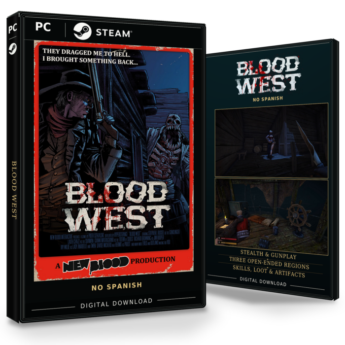 Forside og bakside for Blood West til Steam, med to skjermbilder fra spillet.