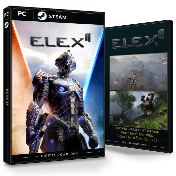 Forside og bakside for ELEX II til Steam, med to skjermbilder fra spillet.