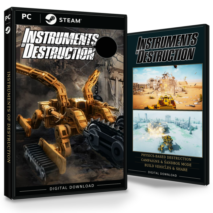 Forside og bakside for Instruments of Destruction Steam, med to skjermbilder fra spillet.
