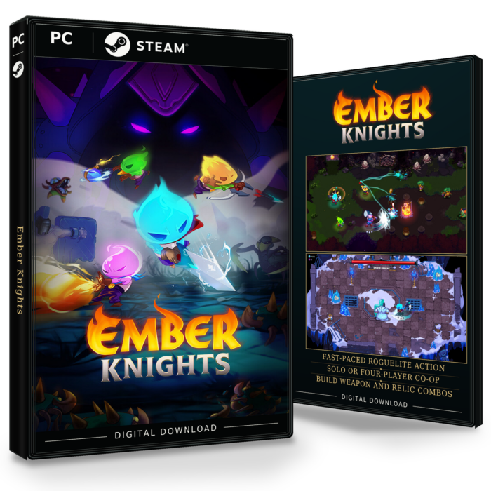 Forside og bakside for Ember Knights til Steam, med to skjermbilder fra spillet.