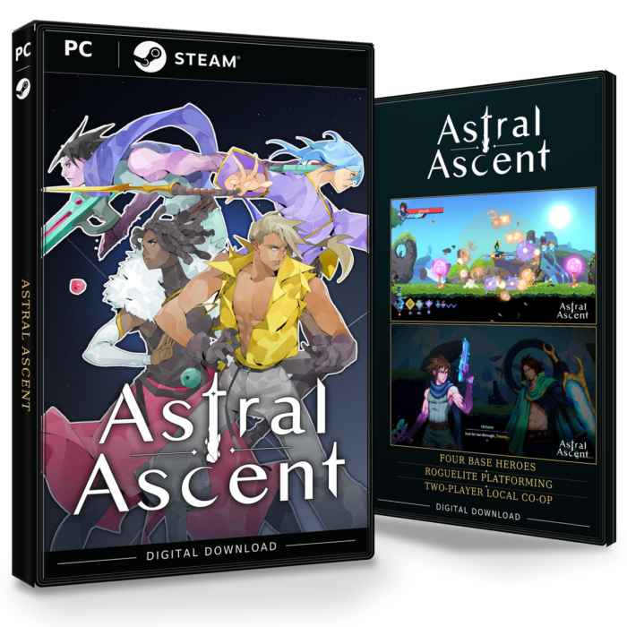 Forside og bakside for Astral Ascent til Steam, med to skjermbilder fra spillet.