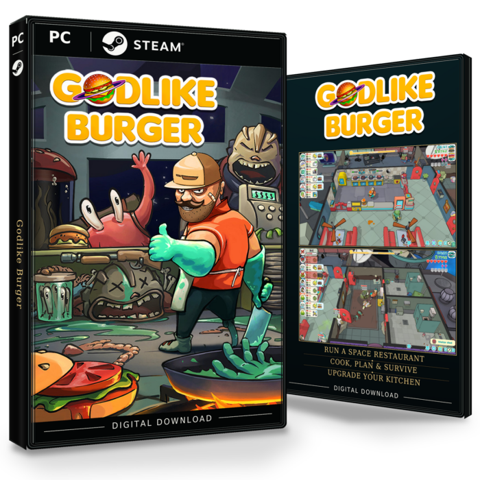 Forside og bakside for Godlike Burger til Steam, med to skjermbilder fra spillet.