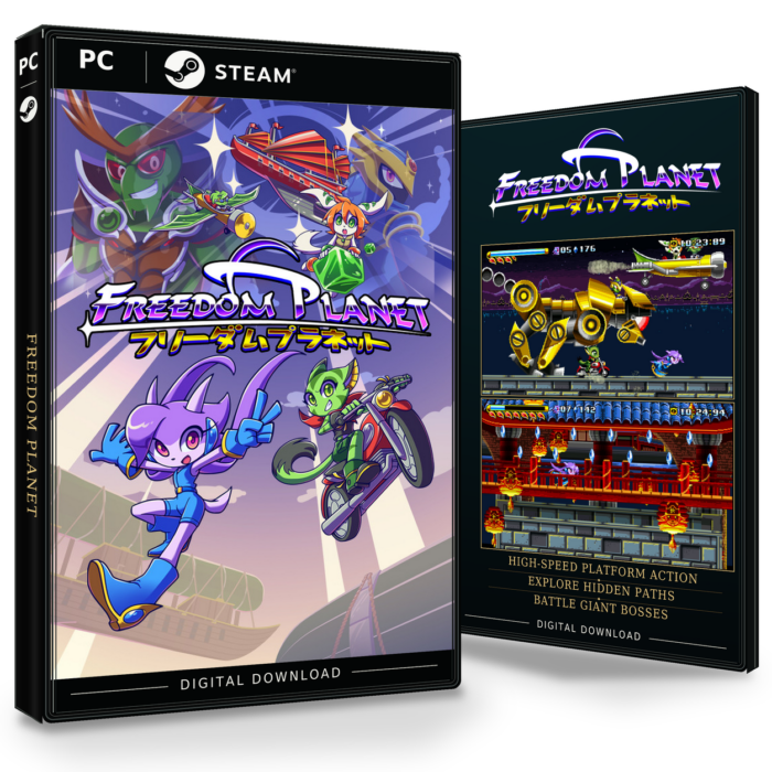 Forside og bakside av Freedom Planet Steam, med to skjermbilder fra spillet.