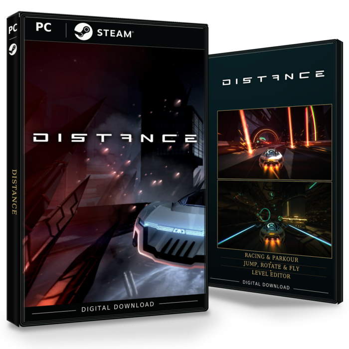 Forside og bakside av Distance Steam, med to skjermbilder fra spillet.