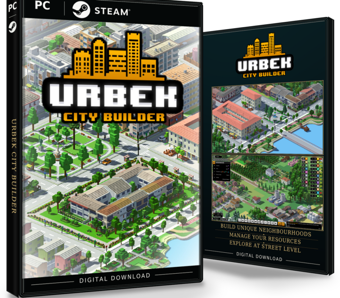 Forside og bakside for Urbek City Builder til Steam, med to skjermbilder fra spillet.