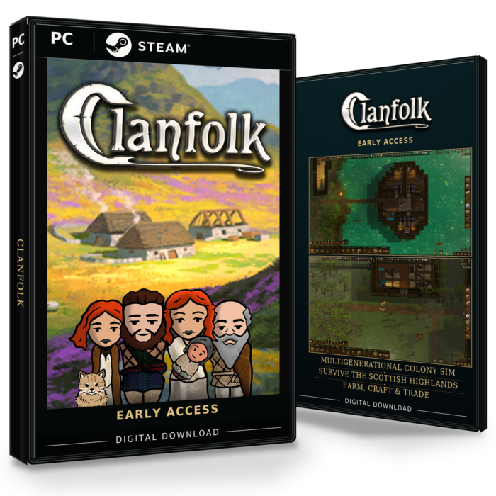 Forside og bakside av Clanfolk for Steam, med spillbilder og merking for tidlig tilgang.