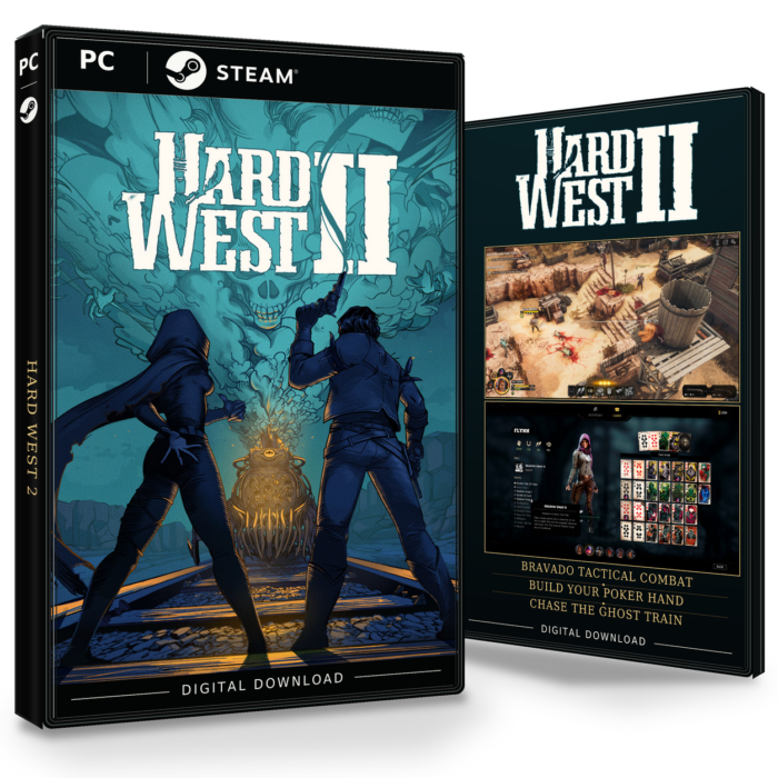 Forside og bakside for Hard West 2 til Steam, med to skjermbilder fra spillet.
