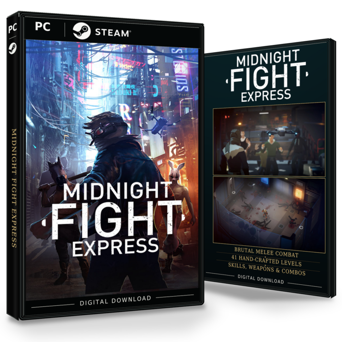 Forside og bakside for Midnight Fight Express Steam, med to skjermbilder fra spillet.