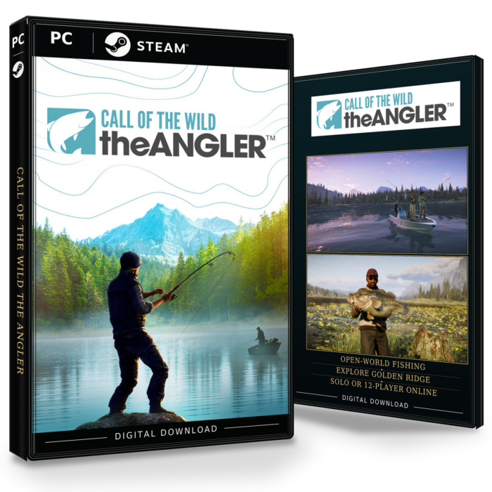 Forside og bakside for Call of the Wild: The Angler til Steam, med to skjermbilder fra spillet.