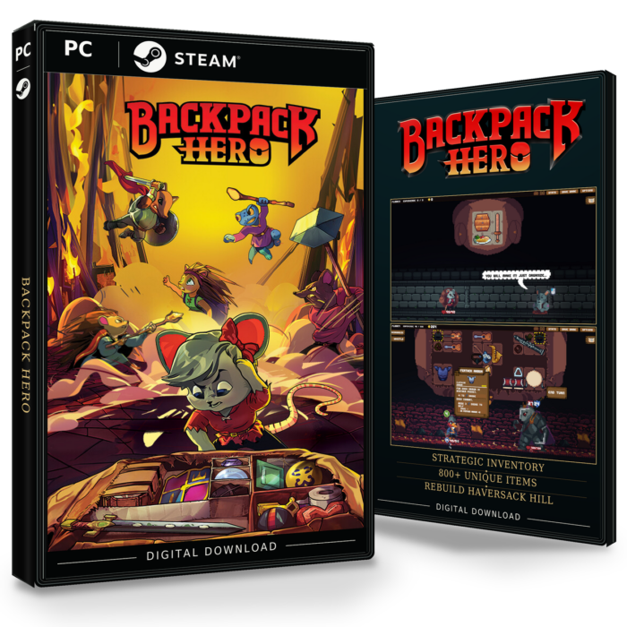Forside og bakside for Backpack Hero til Steam, med to skjermbilder fra spillet.
