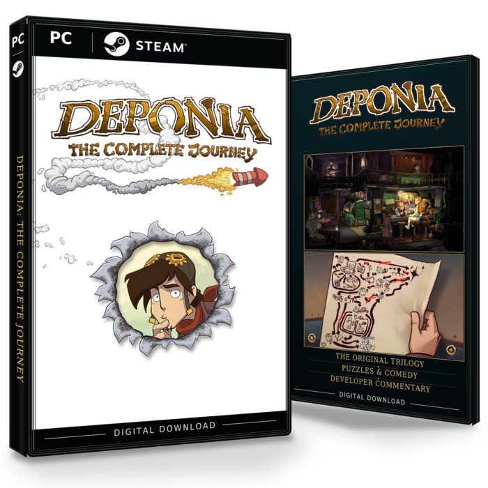 Forside og bakside av Deponia: The Complete Journey Steam, med to skjermbilder fra spillet.