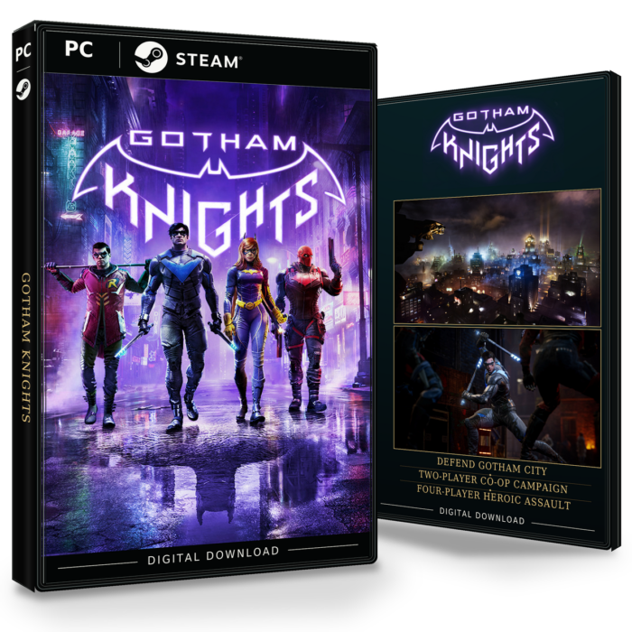 Forside og bakside av Gotham Knights for Steam, vist som to produktesker for den digitale utgaven.