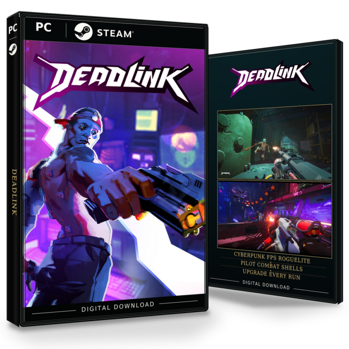 Forside og bakside for Deadlink til Steam, med to skjermbilder fra spillet.