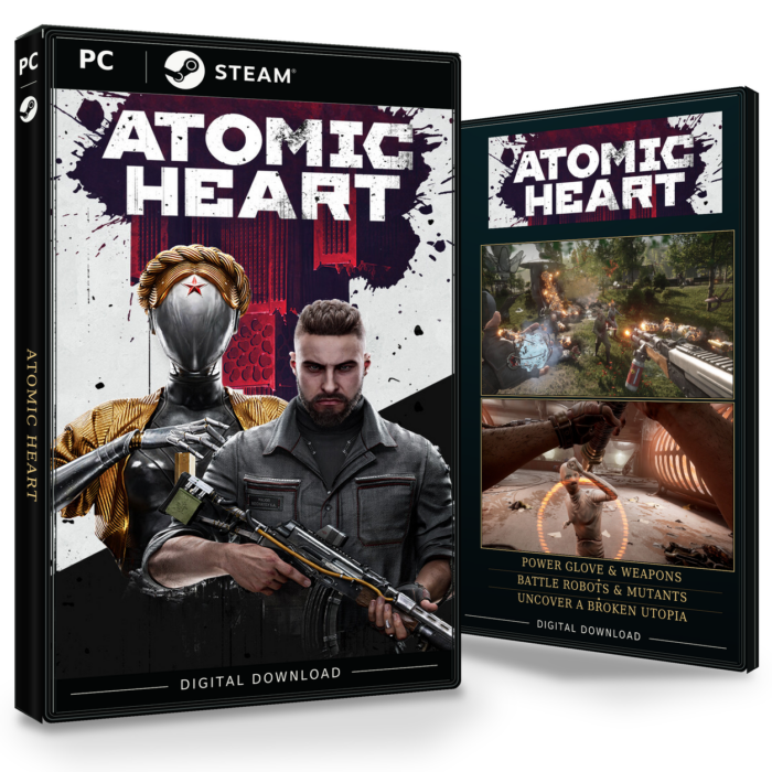 Forside og bakside for Atomic Heart til Steam, med to skjermbilder fra spillet.
