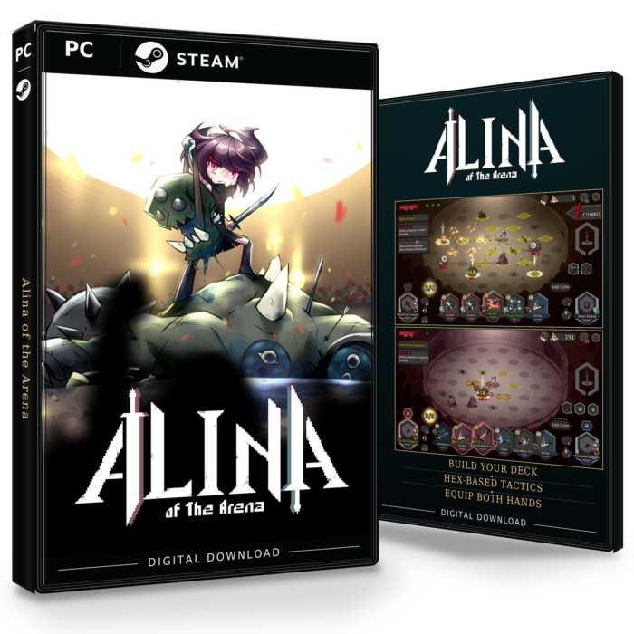Forside og bakside for Alina of the Arena til Steam, med to skjermbilder fra spillet.