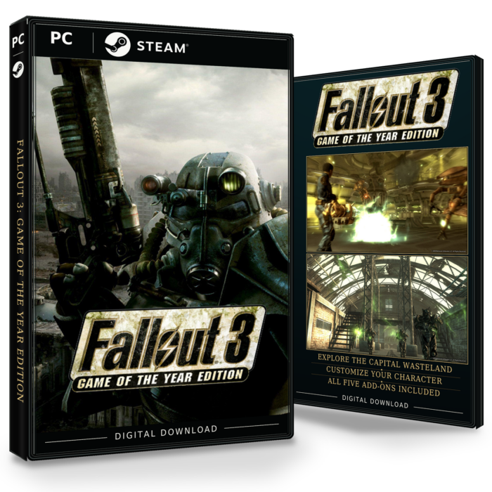 Forside og bakside for Fallout 3: Game of the Year Edition Steam, med to skjermbilder fra spillet.