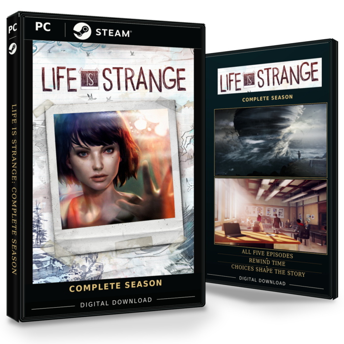 Forside og bakside for Life is Strange Complete Season (episode 1–5) Steam, med to skjermbilder fra spillet.