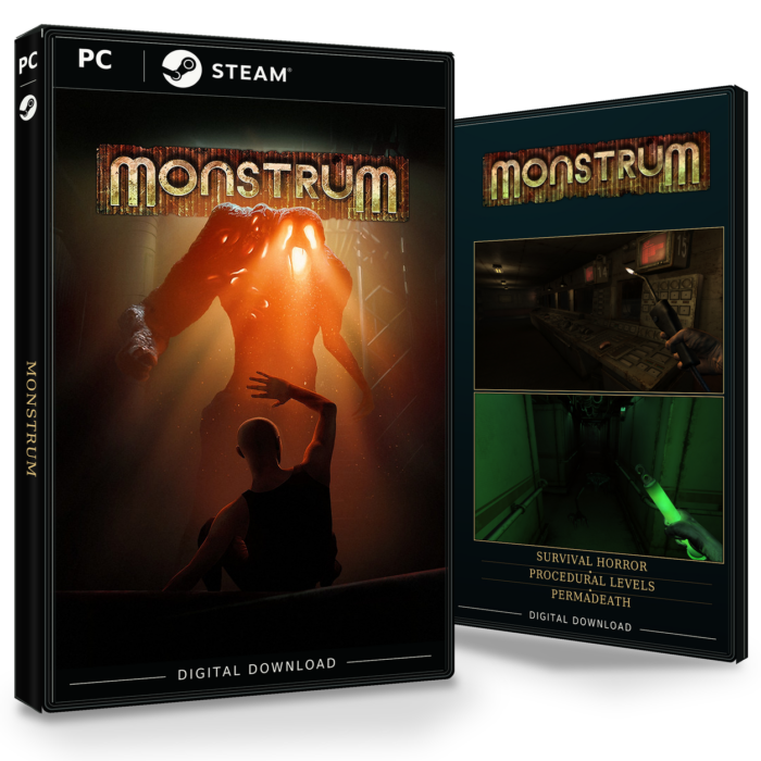 Forside og bakside av Monstrum Steam, med to skjermbilder fra spillet.