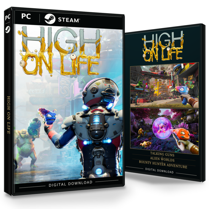 Forside og bakside for High On Life Steam, med to skjermbilder fra spillet.