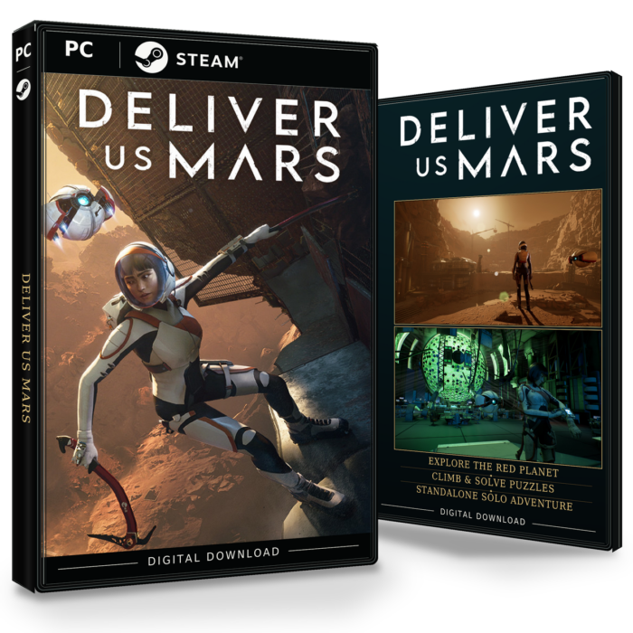 Forside og bakside for Deliver Us Mars til Steam, med to skjermbilder fra spillet.