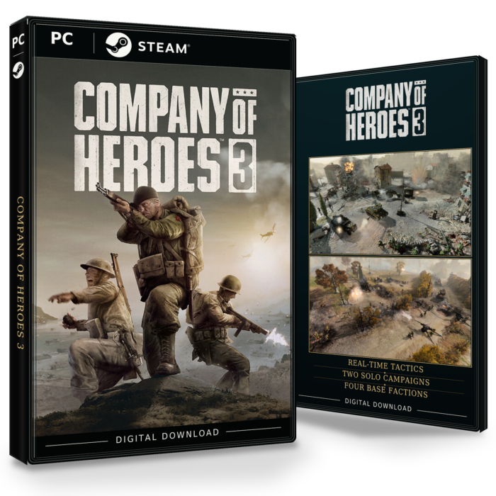 Forside og bakside for Company of Heroes 3 til Steam, med to skjermbilder fra spillet.