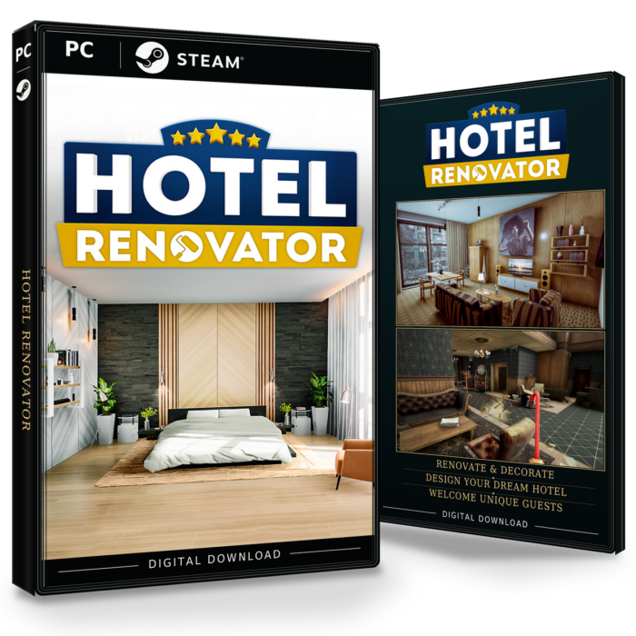 Forside og bakside for Hotel Renovator til Steam, med to skjermbilder fra spillet.