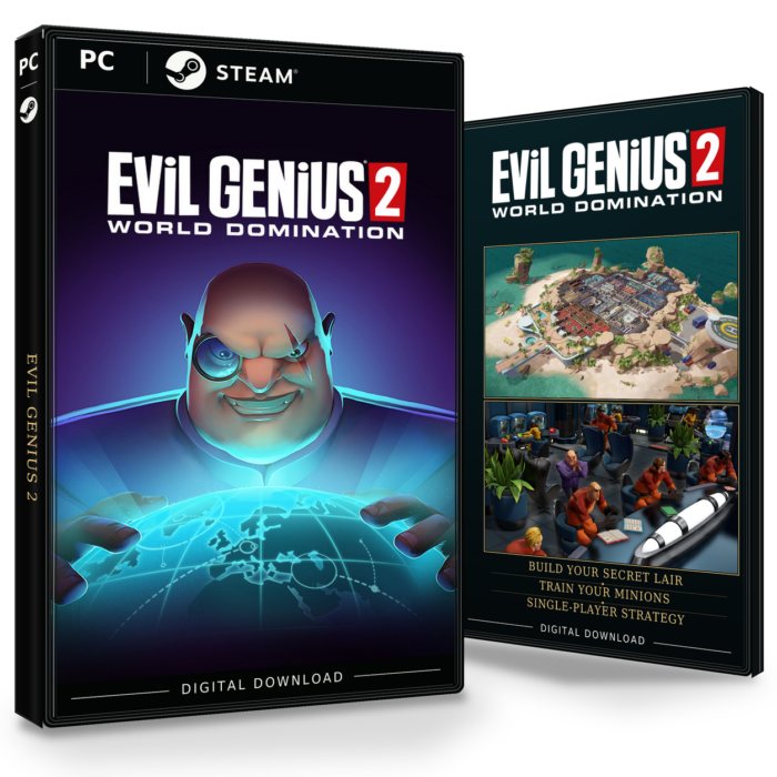 Forside og bakside for Evil Genius 2: World Domination til Steam, med to skjermbilder fra spillet.