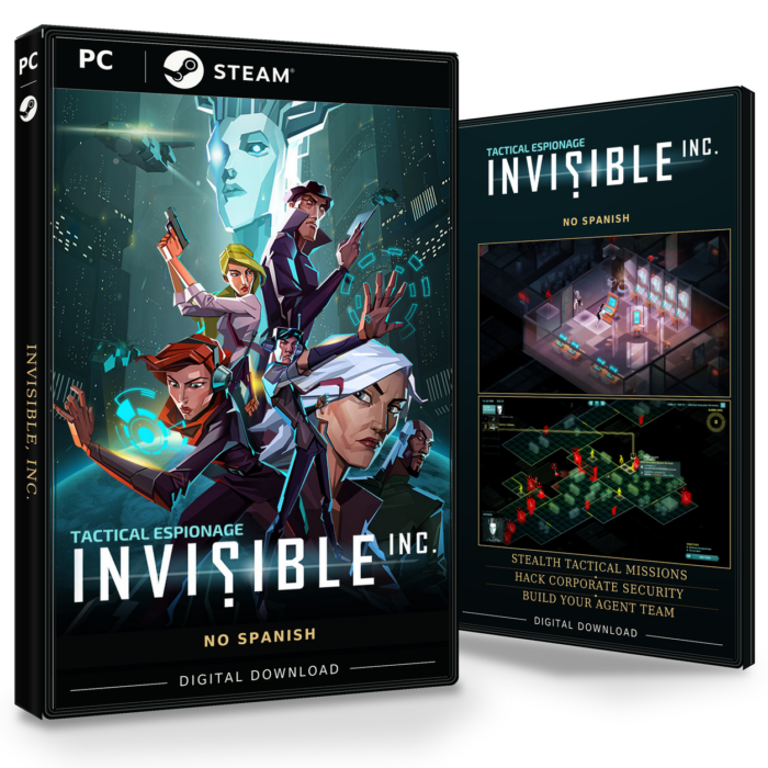 Forside og bakside for Invisible, Inc. til Steam, med to skjermbilder fra spillet.