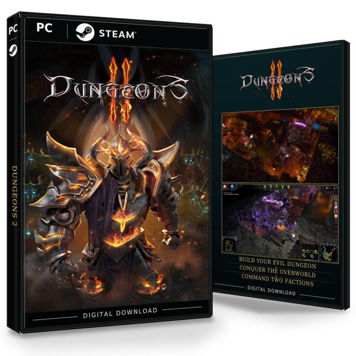 Forside og bakside for Dungeons 2 til Steam, med to skjermbilder fra spillet.