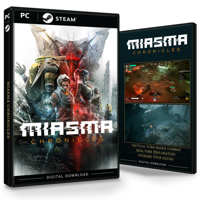 Forside og bakside for Miasma Chronicles til Steam, med to skjermbilder fra spillet.