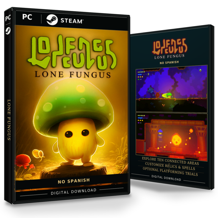 Forside og bakside for Lone Fungus til Steam, med to skjermbilder fra spillet.