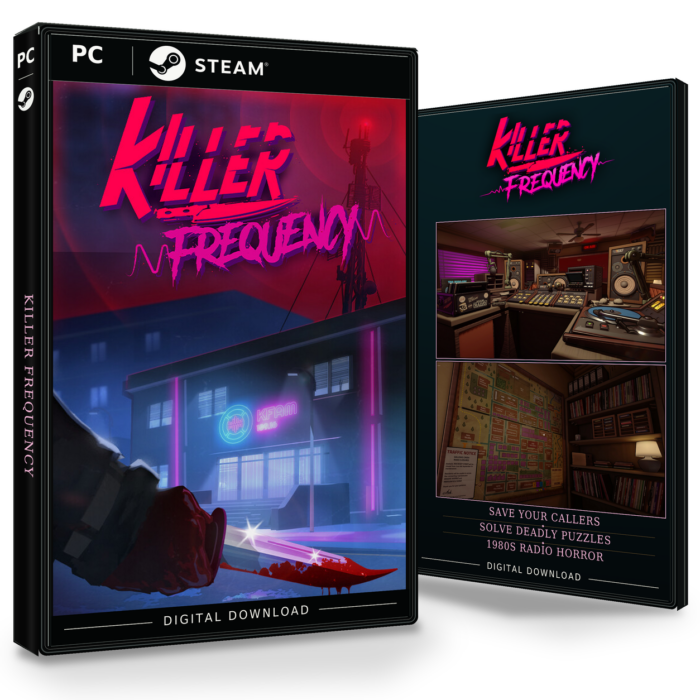 Forside og bakside for Killer Frequency til Steam, med to skjermbilder fra spillet.