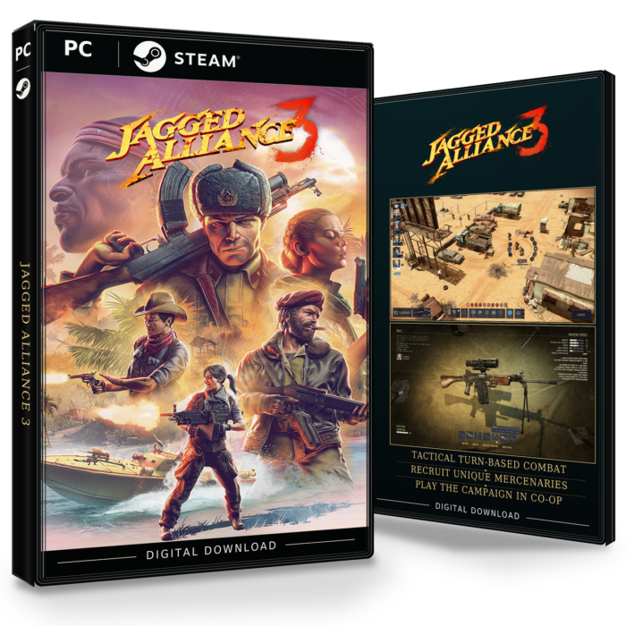 Forside og bakside av Jagged Alliance 3 Steam