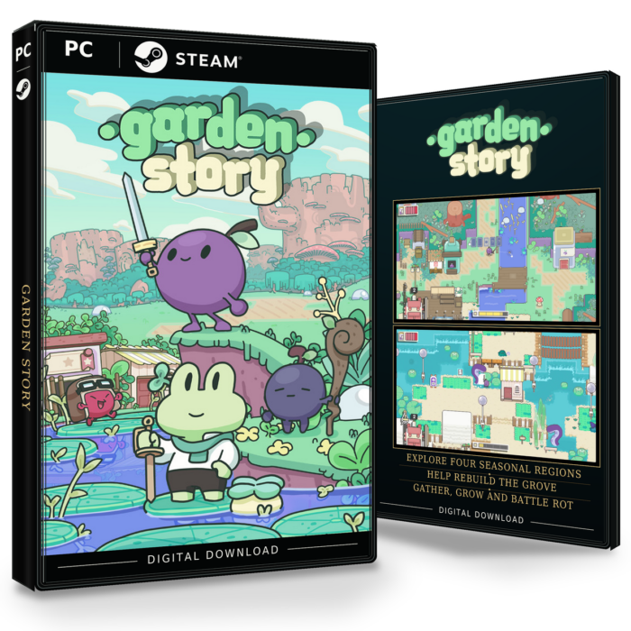 Forside og bakside for Garden Story til Steam, med to skjermbilder fra spillet.