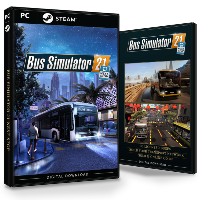 Forside og bakside for Bus Simulator 21 Next Stop til Steam, med to skjermbilder fra spillet.